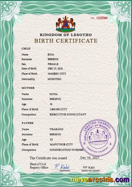 Lesotho vital record birth certificate